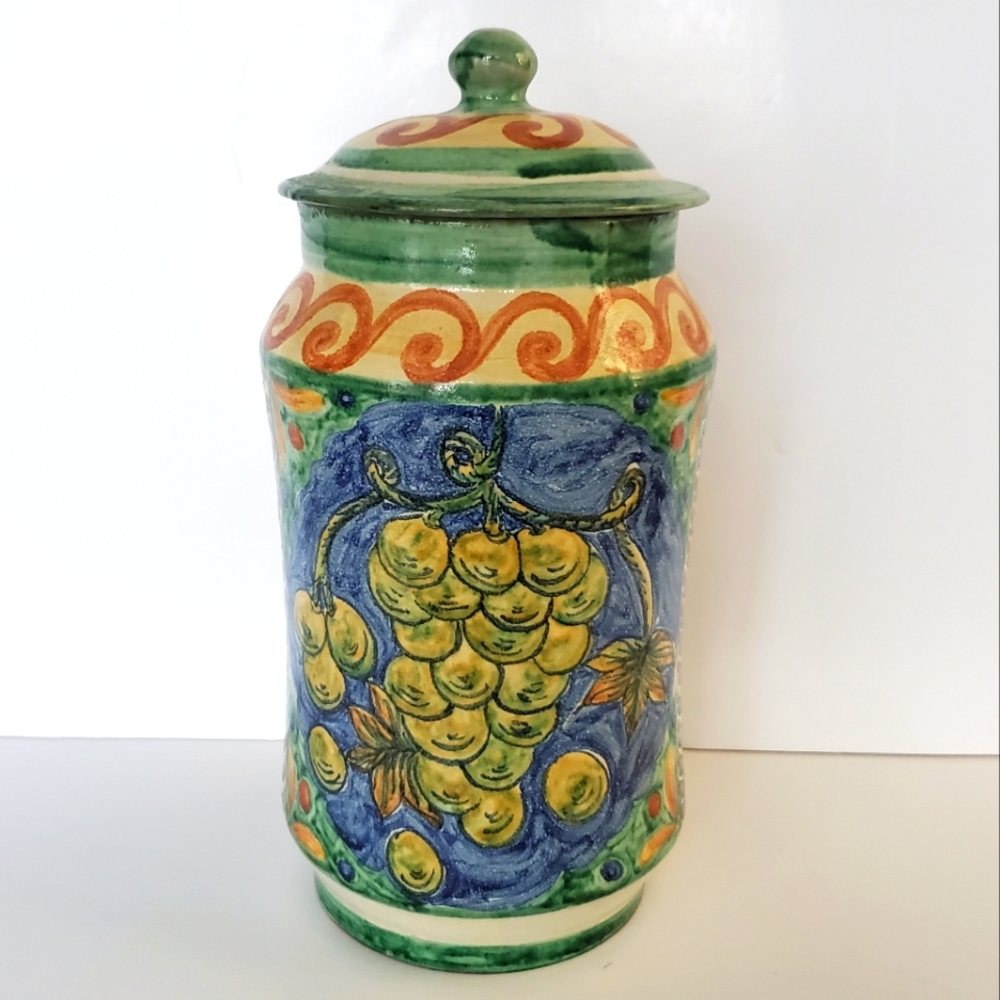 Hand Painted MEXICAN ART POTTERY Tall Glazed Clay Redware Canister Jar Signed